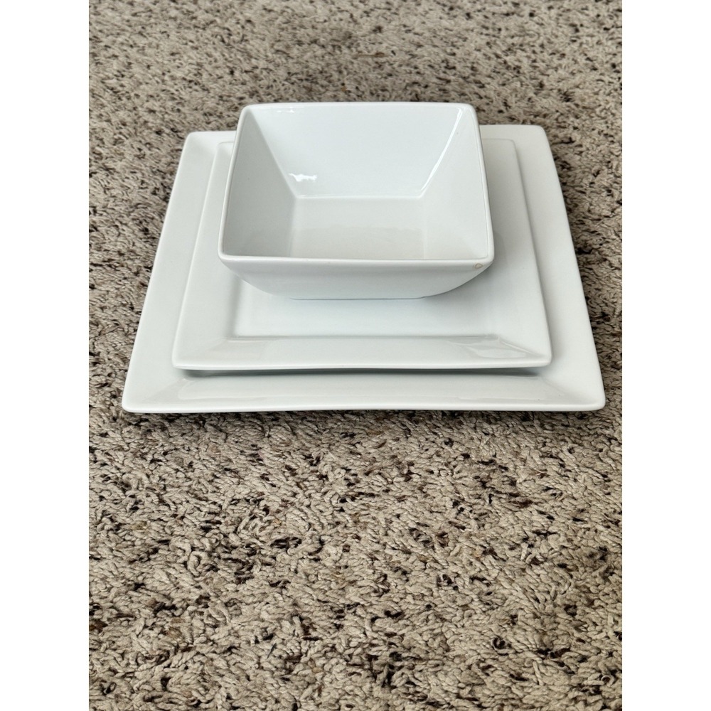 Canopy Square White Dinner Salad Plate Cereal Soup Bowl HEAVY 3 Piece Set